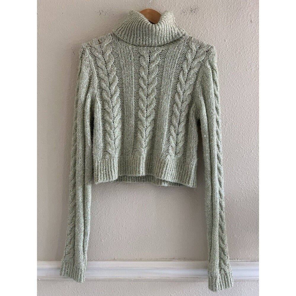Pilcro Shine Cable-Knit Turtleneck Sweater Mint Green Wool Blend Cable Knit Boho